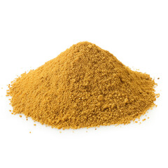 close up pile of finely dry organic fresh raw fenugreek seed powder isolated on white background. bright colored heaps of herbal, spice or seasoning recipes clipping path. selective focus - obrazy, fototapety, plakaty