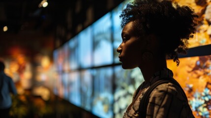 Fototapeta premium face of a visitor while interacting with an interactive exhibit, fusing technology and art. generative ai