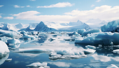 Fototapeta na wymiar Frozen mountain landscape reflects in tranquil blue water generated by AI