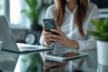 A woman sitting at a desk using a cell phone