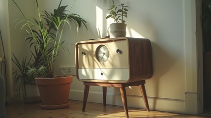 an old fashioned radio sitting on top of a wooden stand next to a houseplant and a potted plant.