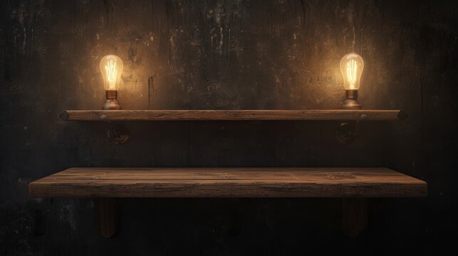 a wooden shelf with two light bulbs on it and a wooden shelf with two lights on the top of it.