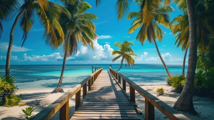 a wooden walkway leading to the beach with palm trees on both sides of the walkway and the ocean in the background.
