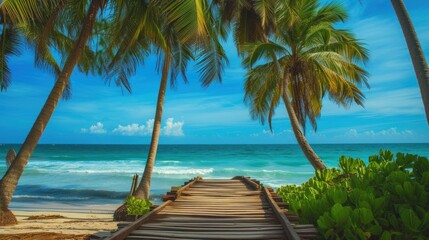 a wooden walkway leading to the beach with palm trees on either side of it and the ocean in the background.