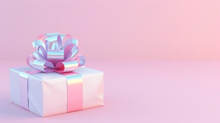 3d gift box decorated with metallic ribbon bow isolated on tech style pastel gradient color background with copy space