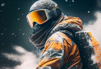 Snowboarder dressed in a full protective gear for extreme freeride snowboarding posing. Banner. Generative AI - obrazy, fototapety, plakaty