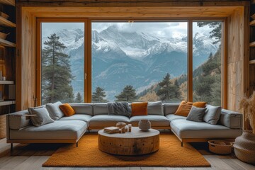 Cozy living room with a panoramic window overlooking the summer mountains and forest. Front view of sofa and coffee table against wide window with mountain landscape - obrazy, fototapety, plakaty
