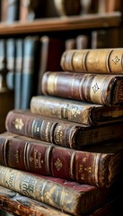 a stack of old books sitting on top of a wooden table