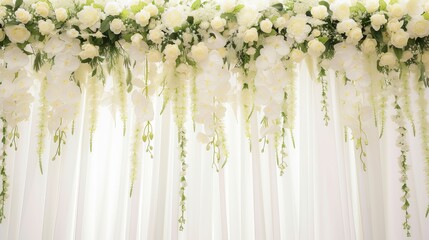 Backdrop of white roses flowers, wedding backgrounds