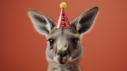 Obraz premium Kangaroo joey with birthday hat generative ai