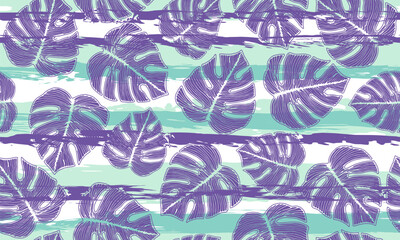 Monstera exotic foliage floral seamless ornament over stripes background.