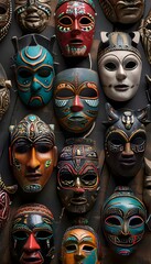 a group of colorful masks sitting on top of a wooden table