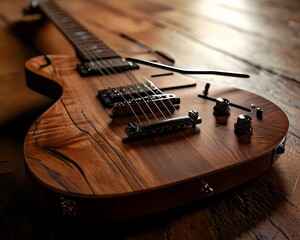 a close up of a guitar on a wooden floor - obrazy, fototapety, plakaty