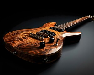 an electric guitar with a wooden body on a black background - obrazy, fototapety, plakaty