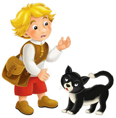 Cartoon farm character farmer man boy child with happy black cat isolated illustration for kids