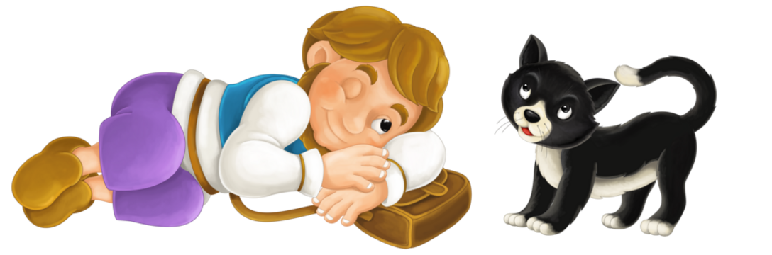 Cartoon happy and funny knight or king with happy black cat isolated illustration for children