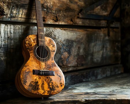 a wooden guitar hanging on a wooden wall © KWY