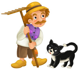 Cartoon farm character farmer man boy child with happy black cat isolated illustration for kids