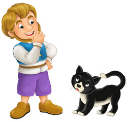 Cartoon farm character farmer man boy child with happy black cat isolated illustration for kids