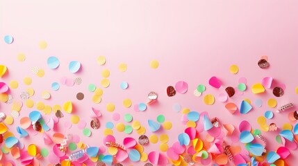 Colorful paper confetti on light bright pink background, celebrating backdrops, copy space