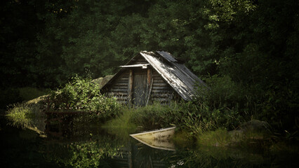 cabin in the forest near lake