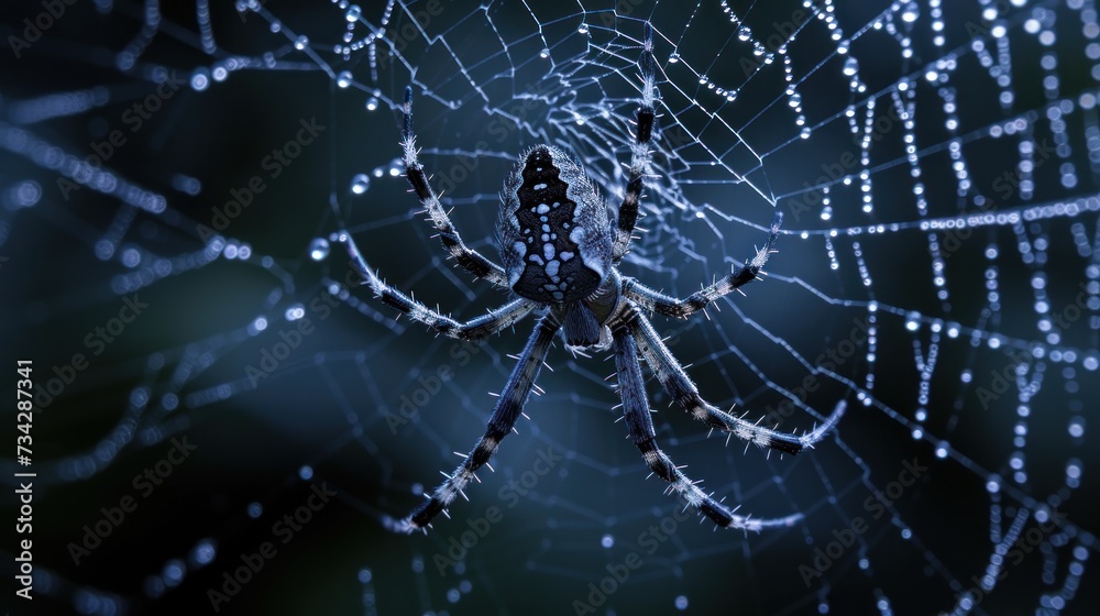 Wall mural a close up of a spider's web with drops of water on the spider's web in the background.