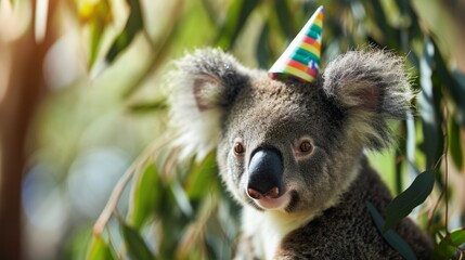 Obraz premium Koala with birthday hat, eucalyptus background, generative ai