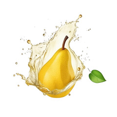 realistic fresh ripe pear with slices falling inside swirl fluid gestures of milk or yoghurt juice splash png isolated on a white background with clipping path. selective focus - obrazy, fototapety, plakaty