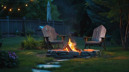 Outdoor fire pit in the backyard, with lawn chairs seating on a late summer or autumn night, concept of relaxation and take a rest