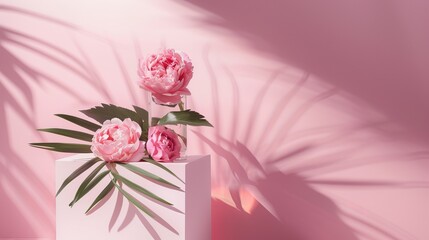 Pastel pink background with rose flowers. Peonies flower and palm leaf shadow. Minimal pedestal for beauty, cosmetic product. Valentine, feminine copy space template