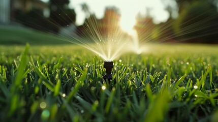 A garden sprinkler gently drops drops of water onto grass for plant growth. Close-up of a lawn sprinkler in a peaceful scene.