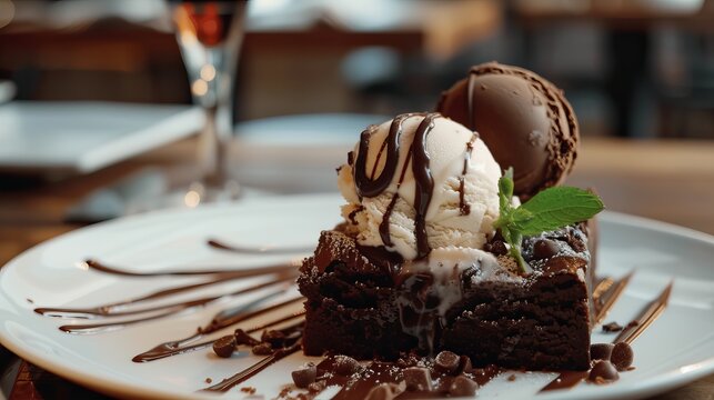 Hot chocolate brownie dessert ice cream ball and slice of chocolate cake, luxury sweet snack in high end restaurant