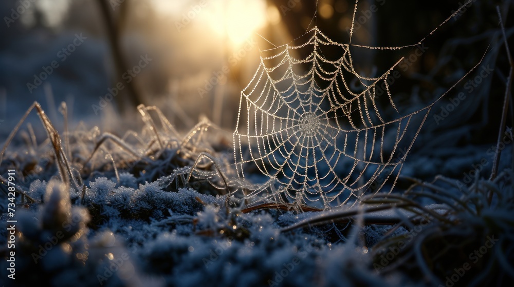 Poster a spider web covered in dew sits in the middle of a frosty grass field with the sun shining in the b