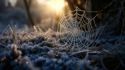 a spider web covered in dew sits in the middle of a frosty grass field with the sun shining in the background. - obrazy, fototapety, plakaty
