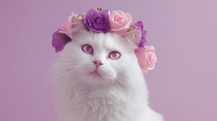 Portrait of a beautiful white cat with crystal eyes and snow like smooth furs, with pink rose flowers wreath on the head, isolated on lilac background, studio shot of funny fancy animal portrait