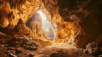 a cave filled with lots of yellow and brown rocks