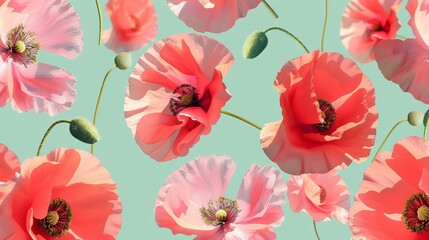 Seamless pattern with pink poppies on mint green background. Beautiful decorative stylized spring summer flowers