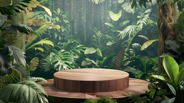 Product presentation with a wooden podium set amidst a lush tropical forest, enhanced by a vibrant green backdrop