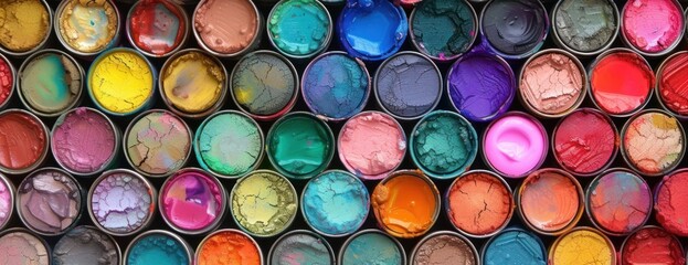 An array of open paint cans reveals a vibrant selection of colors, showcasing various shades used for artistic or decorative work. - obrazy, fototapety, plakaty