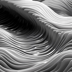 black and white background, white surface with recesses, small waves on the surface, overlapping surfaces creating a bent shape