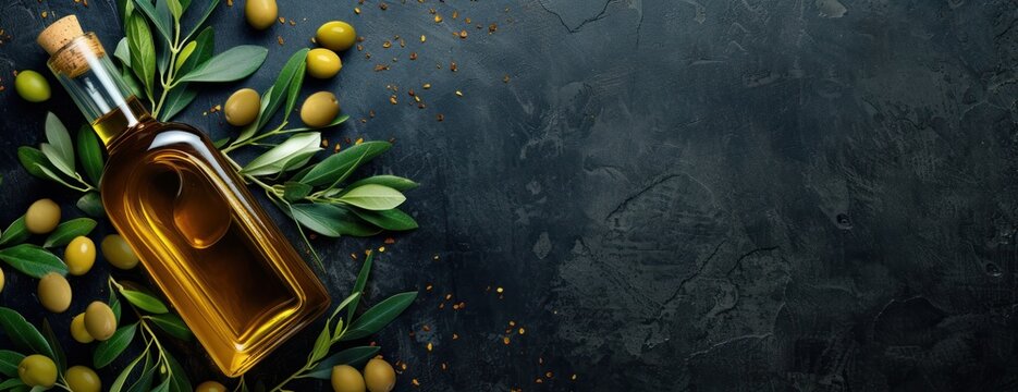 A bottle of fresh olive oil sits on a beautiful dark background, surrounded by olives and leaves.