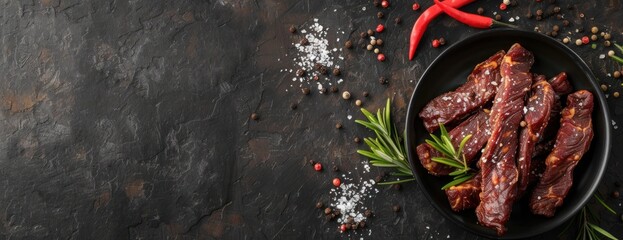 A black plate holds homemade healthy beef jerky seasoned with salt and pepper, alongside a pepper. - obrazy, fototapety, plakaty