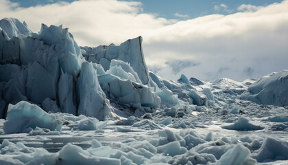 Majestic mountain peak, frozen landscape, tranquil scene, melting beauty generated by AI