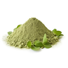 close up pile of finely dry organic fresh raw gotu kola herb powder isolated on white background. bright colored heaps of herbal, spice or seasoning recipes clipping path. selective focus