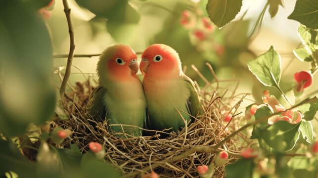 Lovebirds nestled in a nest of twigs, generative ai