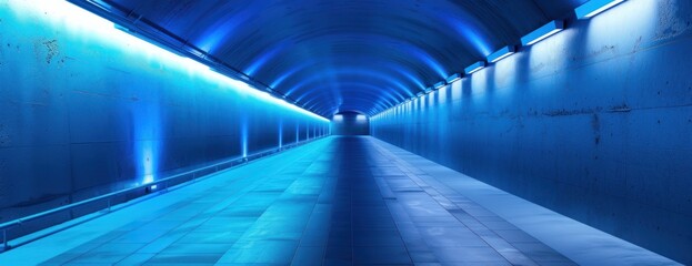 An underground tunnel stretches far into the distance, lit with a vivid blue glow.