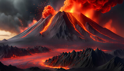 Hintergrund und Vorlage eines ausbrechenden Vulkan mit Feuer und Rauch spuckender Lava und Magma, die in Wolken explosions artig fliegt und orange fließt wie ein Fluß neue Erde Entstehung - obrazy, fototapety, plakaty