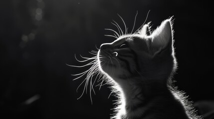 a black and white photo of a cat with its head up looking up at something in the air with it's eyes wide open.