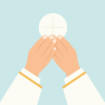 hands of priest raise holy host, communion, wafer- vector illustration