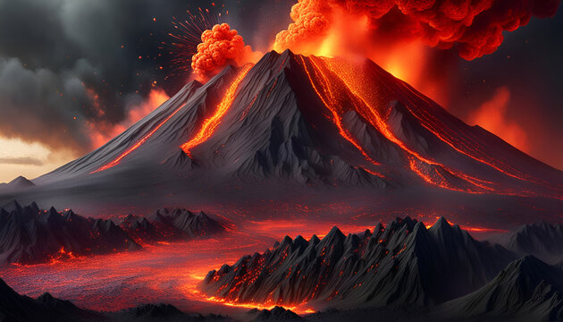 Hintergrund und Vorlage eines ausbrechenden Vulkan mit Feuer und Rauch spuckender Lava und Magma, die in Wolken explosions artig fliegt und orange fließt wie ein Fluß neue Erde Entstehung